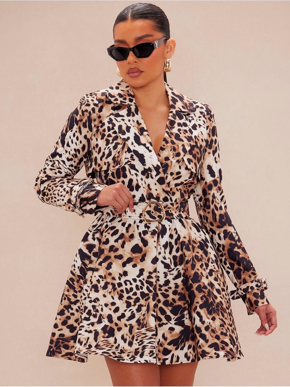 Leopard Print Belted Shirt Dress - Taupe/Black